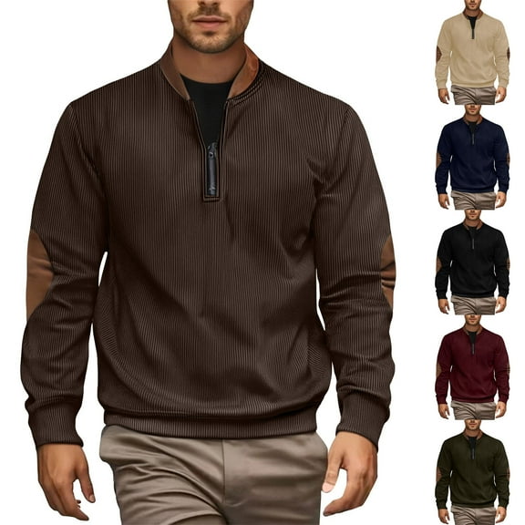qolati Mens Corduroy Sweatshirt Casual Quarter Zipper Henley Neck Pullover Sweaters Stylish Ribbed Long Sleeve Business Work Shirts Wine S