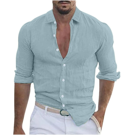 qolati Mens Cotton Linen Button Down Shirt Slim Fit Long Sleeve Beach Blouse Casual Stylish Solid Henleys Tunic Tops