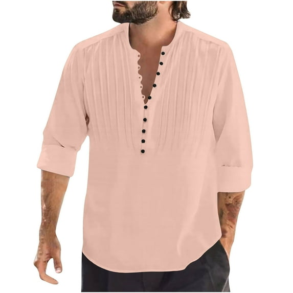 qolati Mens Cotton Linen Shirts Vintage Long Sleeve Casual Button-Down Ruched Front Blouse Classic Fit V Neck Beach Tops