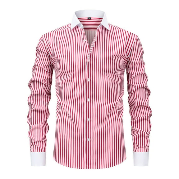 qolati Mens Dress Shirts Striped Long Sleeve Stretch Wrinkle-Free Solid Formal Blouses Work Tops Casual Button Down Shirts with Pocket Pink XXL