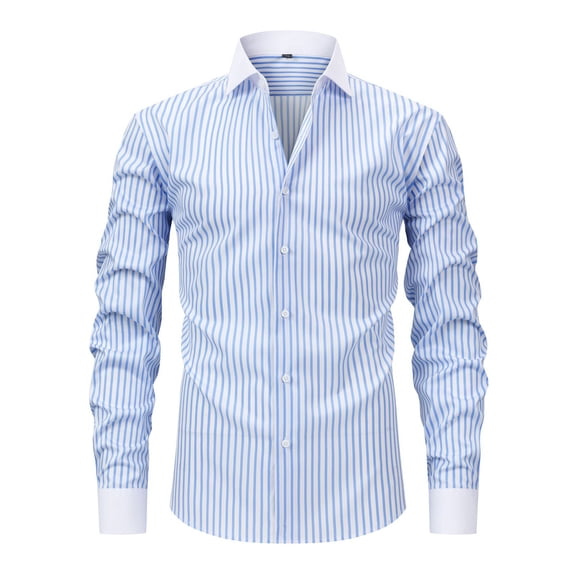 qolati Mens Dress Shirts Striped Long Sleeve Stretch Wrinkle-Free Solid Formal Blouses Work Tops Casual Button Down Shirts with Pocket Sky Blue M