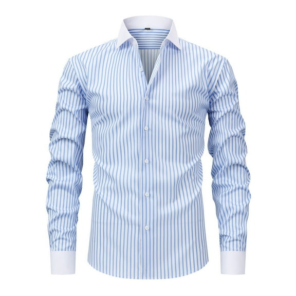 qolati Mens Dress Shirts Striped Long Sleeve Stretch Wrinkle-Free Solid Formal Blouses Work Tops Casual Button Down Shirts with Pocket Sky Blue XL