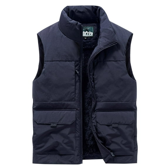 qolati Mens Fleece Lined Puffer Vest Casual Solid Color Zip Up Sleeveless Lightweight Jacket Winter Thicken Warm Outdoor Outwear