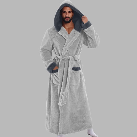 qolati Mens Fleece Robe with Hood Soft Cozy Fluffy Plush Long Robe for Men Winter Warm Full-Length Bathrobe Luxurious House Coat with Pockets