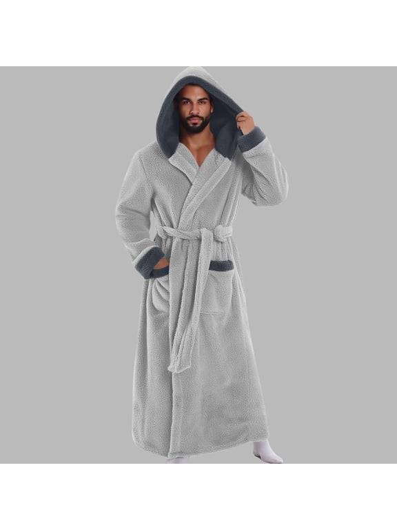 Mens Fleece Robe with Hood Soft Cozy Fluffy Plush Long Robe for Men Winter Warm Full-Length Bathrobe Luxurious House Coat with Pockets