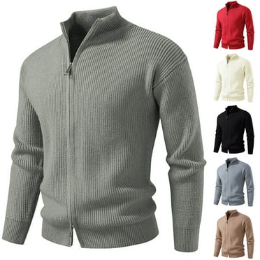 qolati Mens Full Zip Cardigan Sweater Casual Slim Fit Knit Sweaters Stand Collar Fall Winter Open Front Ribbed Cardigans Jackets Red L