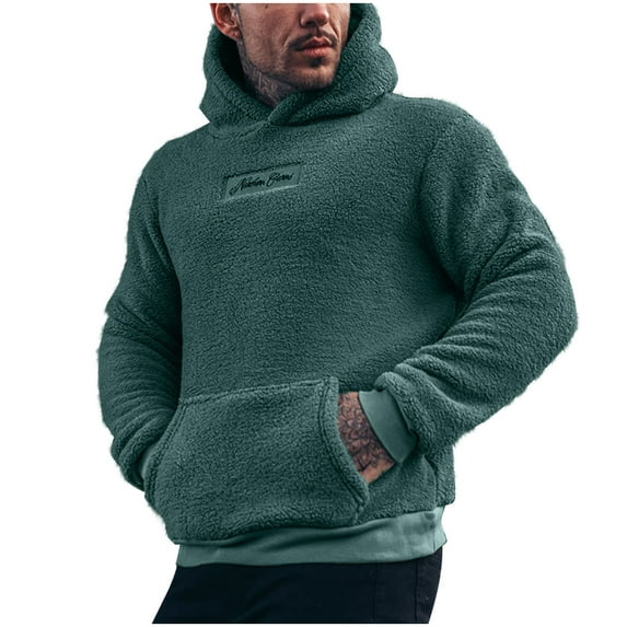qolati Mens Fuzzy Sherpa Hoodies Mock Neck Pullover Long Sleeve Hooded Sweatshirts Winter Fall Fleece Sweater Outwear with Kangas Pocket Clearance