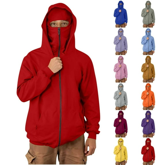 qolati Mens Hoodies with Face Mask Casual Long Sleeve Zip Up Ski Mask Jacket Double Hooded Sweatshirt Color Block Windproofs Athletic Coat with Pockets