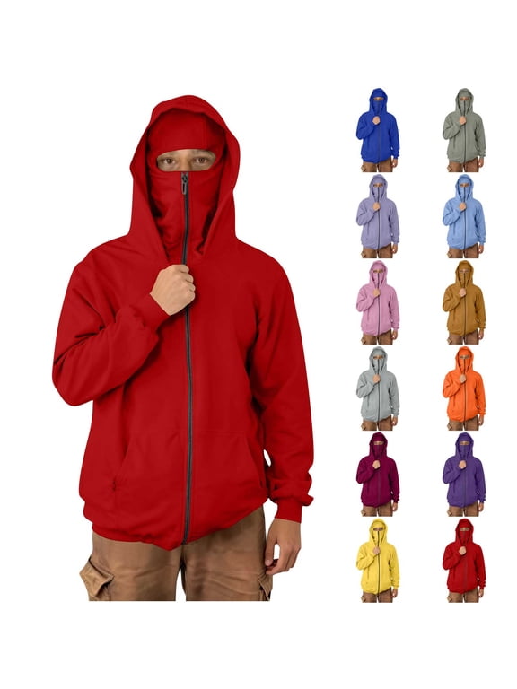 Mens Hoodies with Face Mask Casual Long Sleeve Zip Up Ski Mask Jacket Double Hooded Sweatshirt Color Block Windproofs Athletic Coat with Pockets