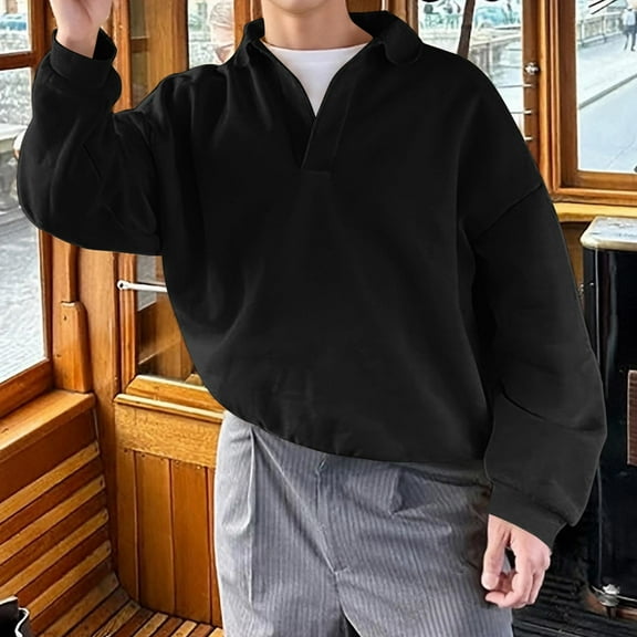 qolati Mens Lapel Collared Sweatshirts Soild Casual Long Sleeve Pullover Sweaters Basic Loose Business Work Golf Henley Shirts Sizes S-2XL