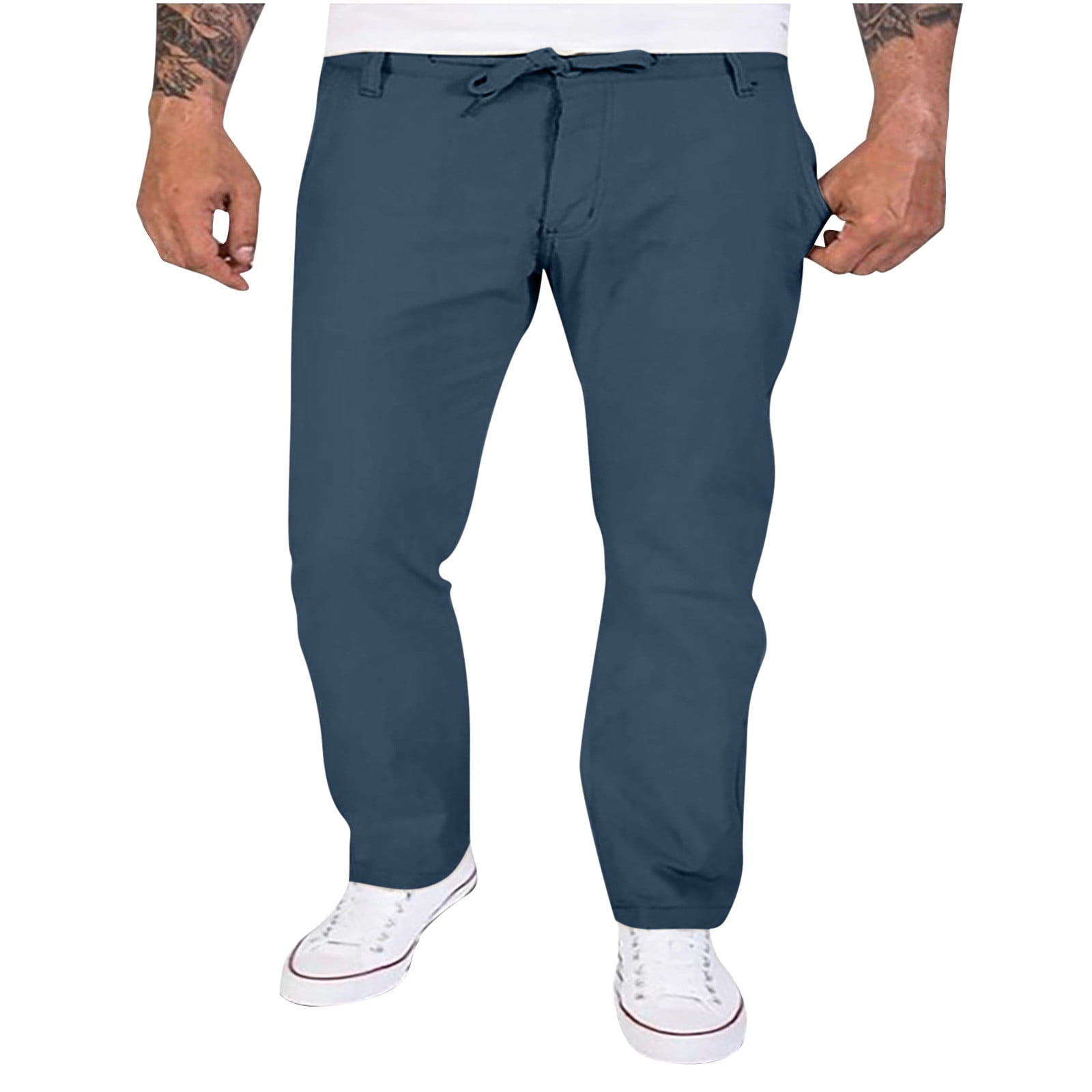 qolati Mens Linen Cargo Pants Casual Elastic Waist Drawstring Straight ...