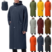 qolati Mens Long Rain Jacket Hooded Rain Poncho Lightweight Packable Windbreaker Waterproof Active Long Raincoat Outdoor Activities Hiking Cycling Golf Rain Coat Navy L
