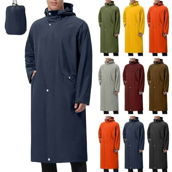 qolati Mens Long Rain Jacket Hooded Rain Poncho Lightweight Packable Windbreaker Waterproof Active Long Raincoat Outdoor Activities Hiking Cycling Golf Rain Coat L