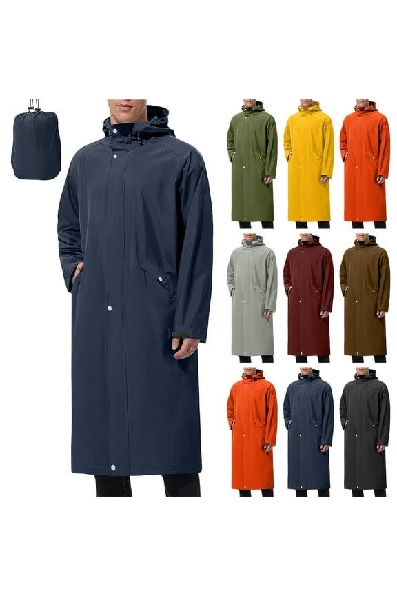 Mens Long Rain Jacket Hooded Rain Poncho Lightweight Packable Windbreaker Waterproof Active Long Raincoat Outdoor Activities Hiking Cycling Golf Rain Coat L