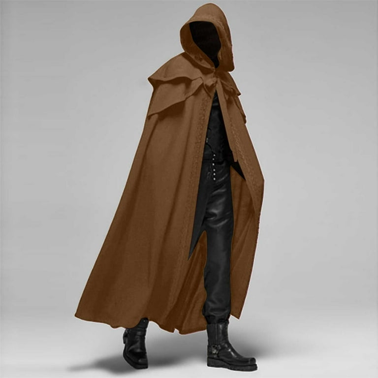 qolati Mens Medieval Cape Cloak with Hood Halloween Steampunk Shawl Cloaks Coat Renaissance Vintage Lace Up Gothic Robe With Party Prom
