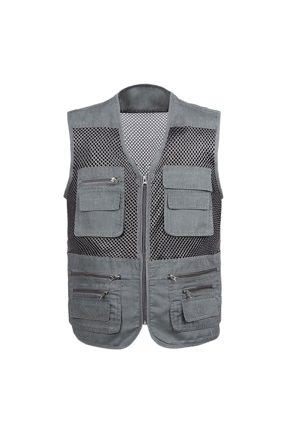 qolati Mens Mesh Breathable Fishing Vest Multi Pockets Photography Travel Hiking Waistcoat Jacket Lightweight Casual Outdoor Work Zipper Cargo Vest Sizes L-5XL