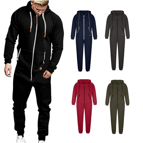qolati Mens Onesie Hooded Jumpsuit Rompers Casual Zip Up One-Piece Pajamas Playsuit Jogger Sweatsuit Overall Tracksuit with Pockets