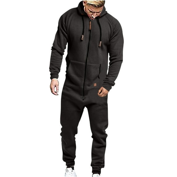 qolati Mens Onesie Hooded Jumpsuit Rompers Casual Zip Up One-Piece Pajamas Playsuit Jogger Sweatsuit Overall Tracksuit with Pockets