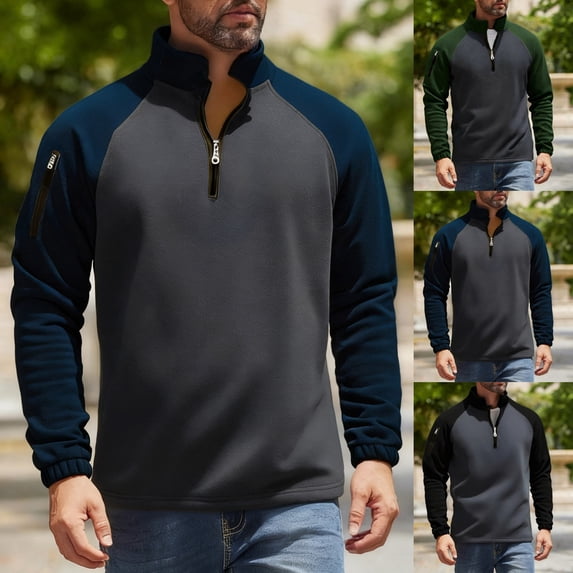 qolati Mens Quarter Zip Pullover Long Sleeve Casual 1/4 Zip Sweatshirt Lightweight Color Block Mock Neck Sweater Winter Outwear L