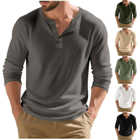 qolati Mens Ribbed Henley Shirts Button Down Long Sleeve Casual T-Shirt Basic Lightweight Pullover Tees Dressy Business Work Tops Dark Gray M