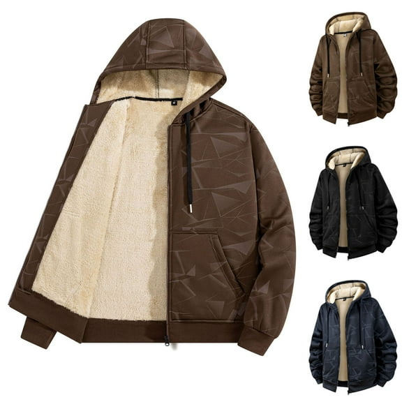 qolati Mens Sherpa Hoodie Jacket Fleece Lined Zip Up Warm Hoodies Sweatshirt Geometric Graphic Print Winter Zipper Sweater Hooded Coat Navy M