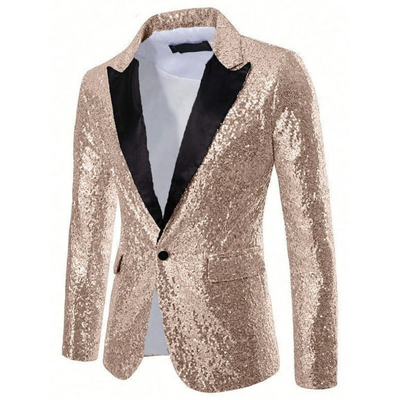 qolati Mens Shiny Metallic Blazer Jacket Regular Fit Sequins Sparkly Dress Suit Jackets Casual 70s Disco Vintage Party Sequin Notched Collar Sport Coat for Wedding Party Prom Sizes S-5XL