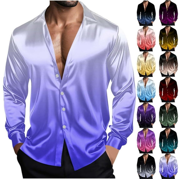 qolati Mens Shiny Satin Dress Shirts Vintage Long Sleeve Button Down Silk Shirt Formal Business Prom Party Wedding Shirts Blouses Rose Gold XXXXL