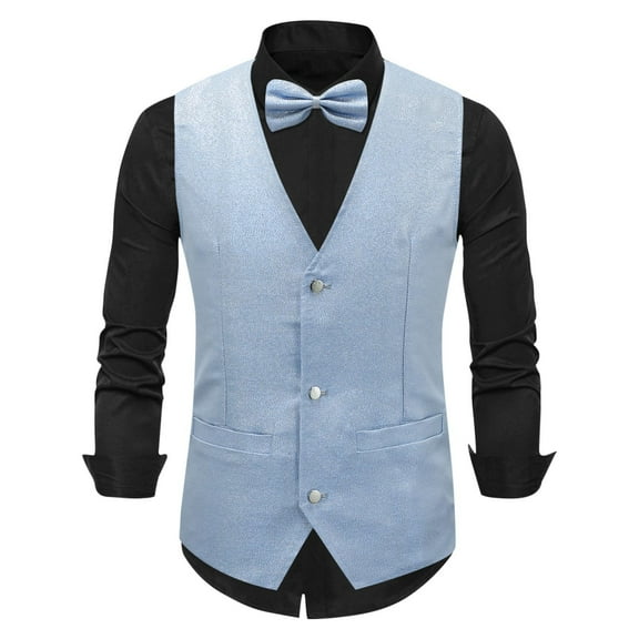 qolati Mens Shiny Sequin Vest Christmas Party Vest Formal Leisures V-neck Shiny Waistcoat Bowtie Set for Wedding Events Holiday Outfits