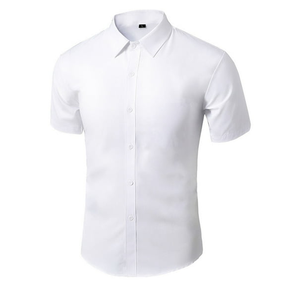 qolati Mens Short Sleeve Dress Shirts Lapel Collared Plain Button Down Shirts Regular Fit Business Wedding Casual Shirt