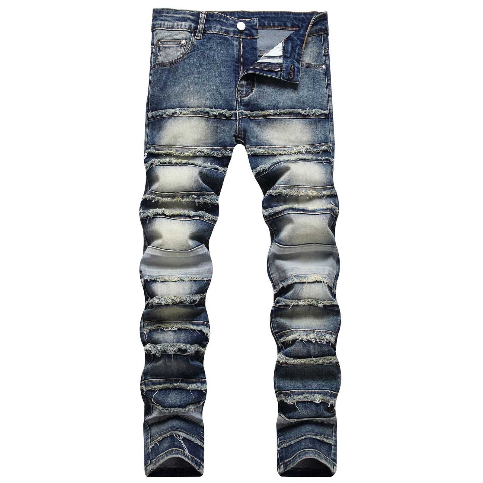 Mens Slim Fit Stretch Jeans Distressed Ripped Straight Leg