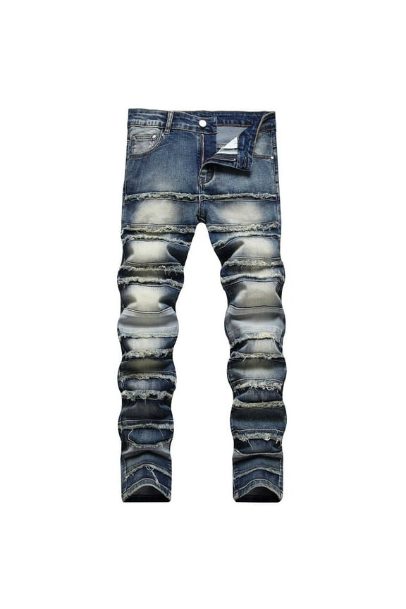 Mens Stacked Jeans Slim Fit Ripped Destroyed Straight Denim Pants Skinny Stretch Jeans Hip Hop Trousers Streetwear