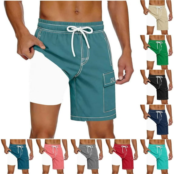 qolati Mens Swim Trunks 2 in 1 Mesh Liner Quick Dry Board Shorts Summer Beach Swim Shorts Bathing Suit with Pockets Light Blue L