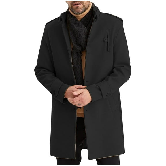 qolati Mens Trench Coat Classic Fit Stand Collar Fall Winter Single Breasted Pea Coat Warm Soft Overcoat