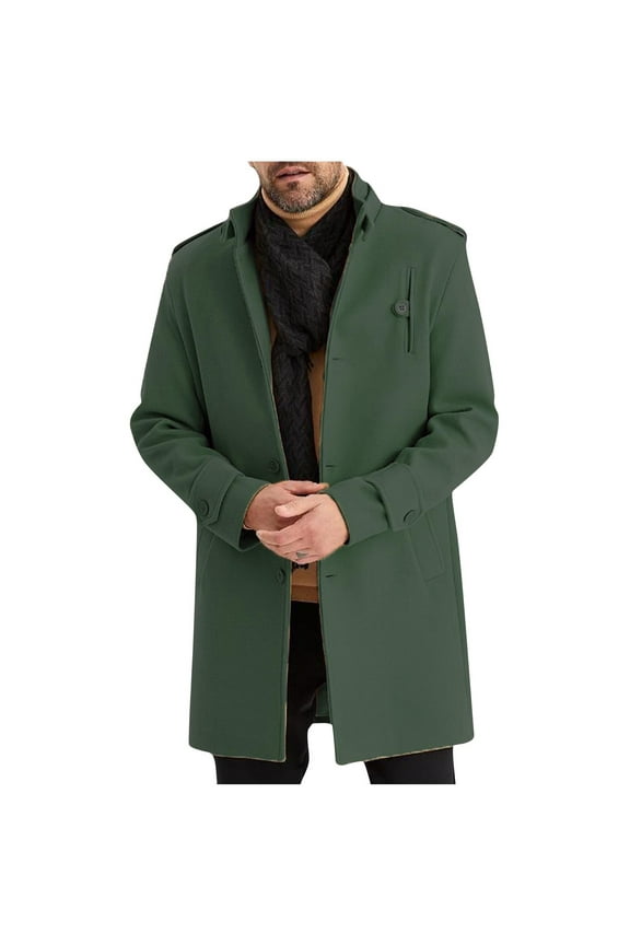 Mens Trench Coat Classic Fit Stand Collar Fall Winter Single Breasted Pea Coat Warm Soft Overcoat