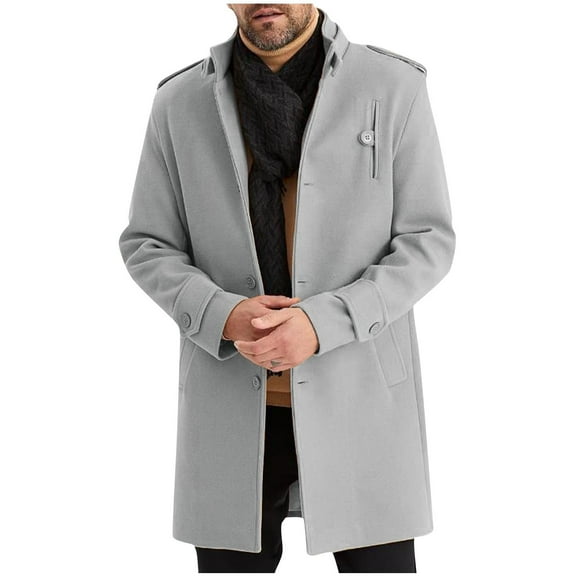 qolati Mens Trench Coat Classic Fit Stand Collar Fall Winter Single Breasted Pea Coat Warm Soft Overcoat