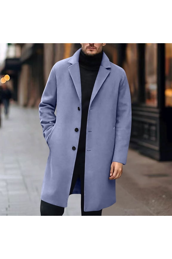 qolati Mens Trench Coat Coat Notched Collar Single Breasted Mid-Long Pea Classic Winter Business Jacket Casual Business Overcoat with Pockets