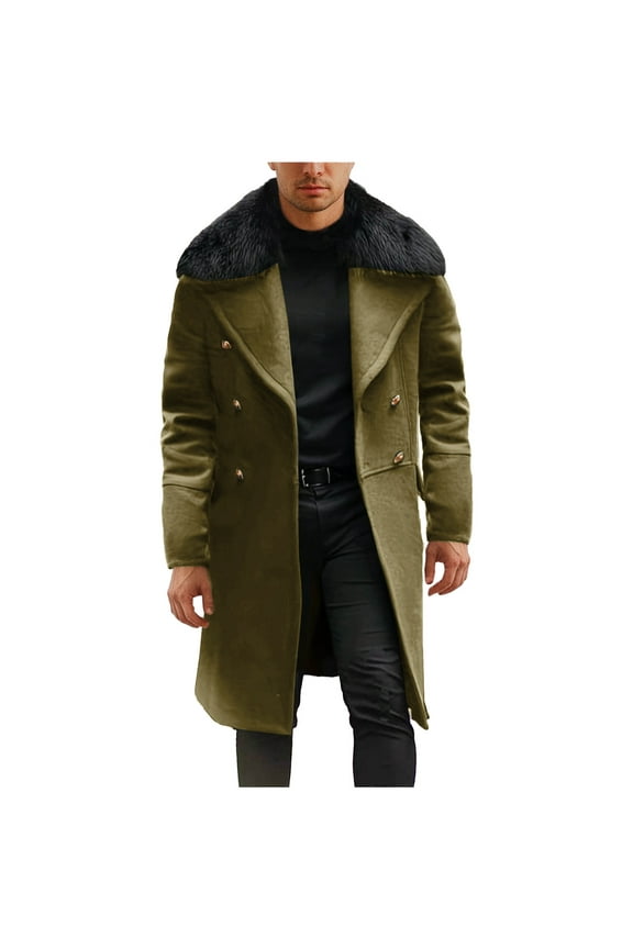 Mens Trench Coat Faux Furs Lapel Collar Classic Fit Double Breasted Wool Blend Long Pea Coat Winter Warm Overcoat