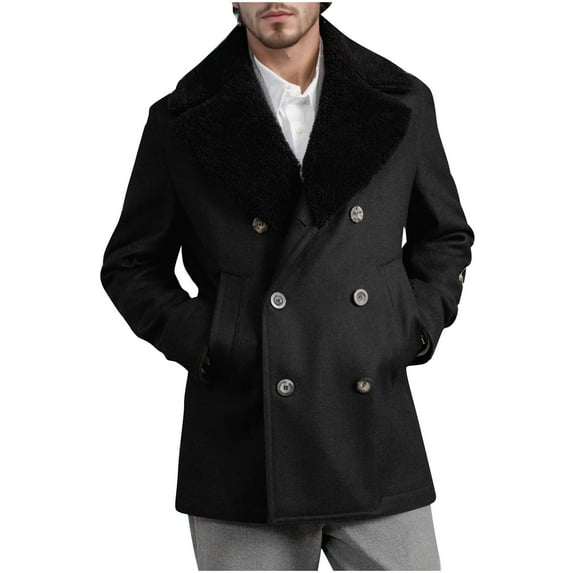 qolati Mens Trench Coat Faux Furs Notched Lapel Double Breasted Mid Length Jacket Windbreaker Overcoat Pea Coat with Pockets