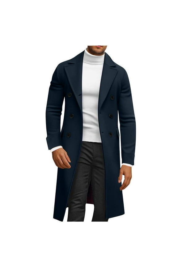 Mens Trench Coat Notch Lapel Double Breasted Peacoat Wool Blends Casual Long Overcoat Fall Winter Outwear 2024
