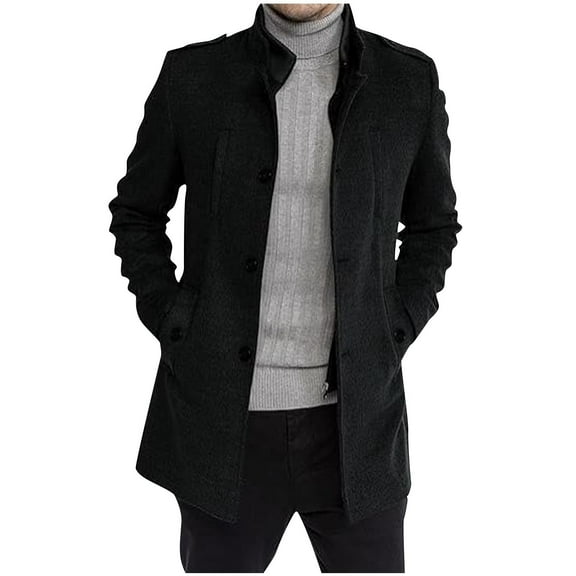 qolati Mens Trench Coat Wool Blend Long Sleeve Stand Collar Single Breasted Pea Coat Casual Mid Long Classic Fit Overcoat with Pockets