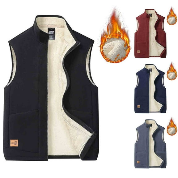 qolati Mens Winter Outerwear Vests Fleece Lined Sleeveless Jackets Warm Quilted Puffer Vest Full Zip Stand Collar Casual Sherpa Outdoor Vest with Pockets Red L