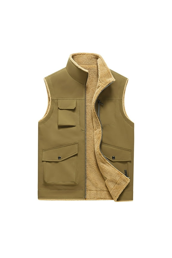 Mens Winter Vests Outerwear Thick Fleece Lined Puffer Vest Warm Lightweight Sleeveless Sherpa Vest Jacket with Cargo Pockets