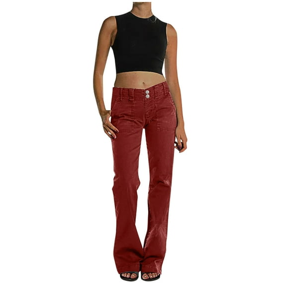 qolati Mid Rise Jeans for Women Stretch Twill Wide Leg Pants Casual Straight Leg Chino Pants Dressy Flare Pants with Pockets