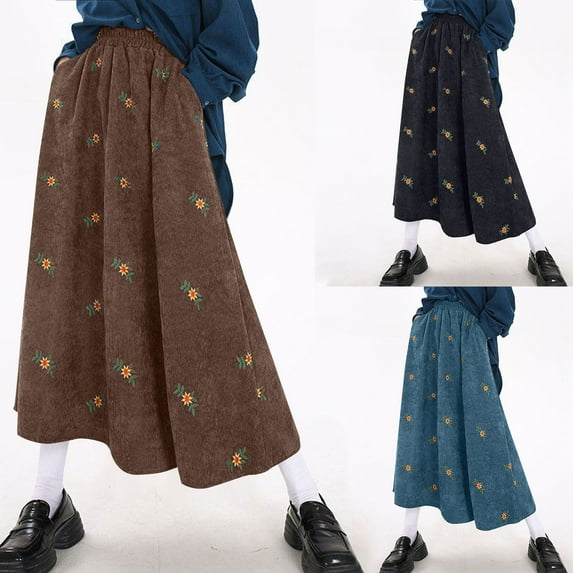 qolati Midi Skirts for Women Plus Size Floral Embroidery A Line Corduroy Skirt Dressy Elastic High Waisted Long Skirt with Pockets Casual Winter Fall Vacation Outfits Sky Blue XL