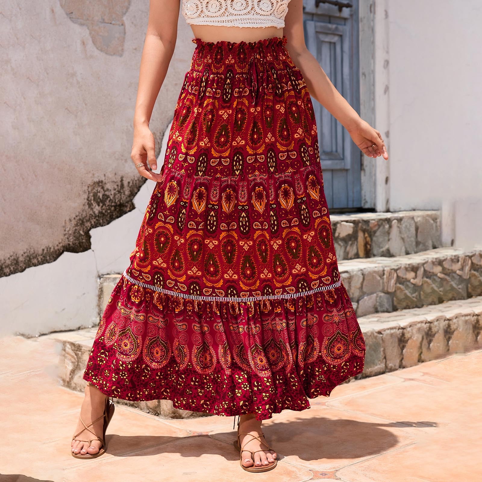 Womens Boho Floral Long Maxi Skirt Ladies High Waist Beach