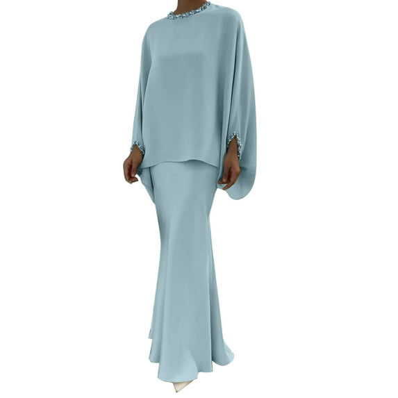 qolati Mother of Bride Dresses Outfits 2 Piece Sets for Women 2024 Casual Elegent Floral Printed 3/4 Sleeve Mock Neck Loose Wrap Hip Skirts Sets Wedding Cocktail Party Matching Set