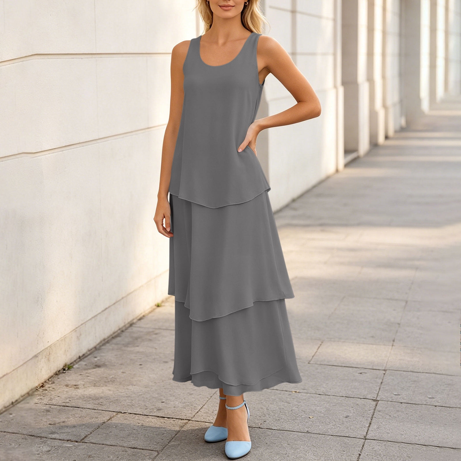 grey tea length mother of the bride dresses A-Line Mother of the Bride Dress Formal Wedding Guest Elegant Scoop Ne BL Dress