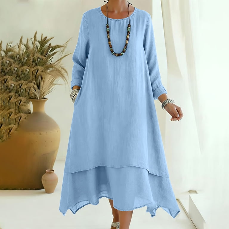 qolati Mother of the Bride Dresses for Women Summer Tiered Layered Midi Dress Flowy Casual Loose Long Sleeve Cocktail Wedding Guest Dreses with Pockets Light BlueXXL