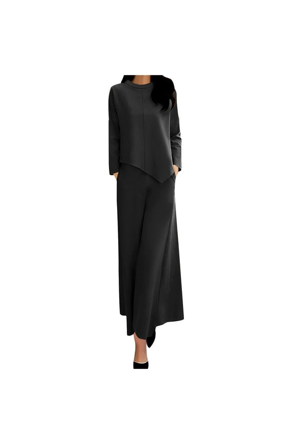 Mother of Bride Pant Suits Plus Size Long Sleeve Asymmetrical Hem Tops and Wide Leg 2 Piece Chiffon Pantsuit Formal Wedding Guest OutfitBlack XXXXL 16