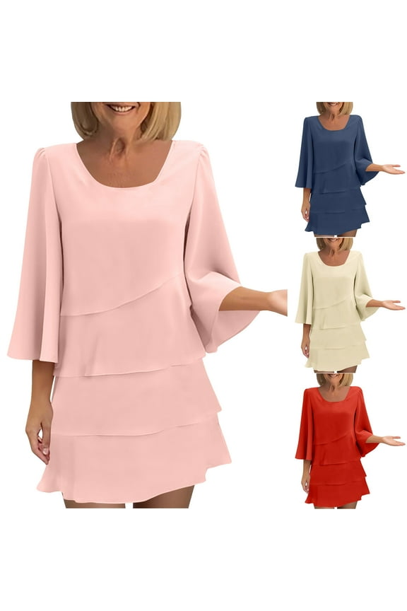 Mother of The Bride Dresses for Women 3/4 Sleeve Formal Dress for Wedding Guest Midi Dresses Elegant Flowy Tiered Cocktail Dress Pink L